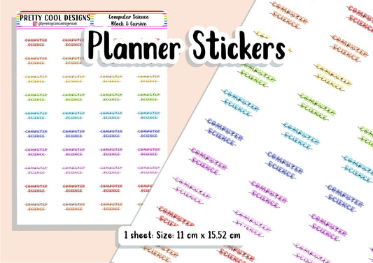 40 Computer Science Subject Teacher Student Planner Stickers UK - 1 Sheet - Block and Cursive