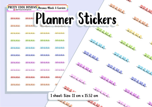 40 Drama Subject Teacher Student Planner Stickers UK - 1 Sheet - Block and Cursive