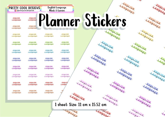 40 English Language Subject Teacher Student Planner Stickers UK - 1 Sheet - Block and Cursive