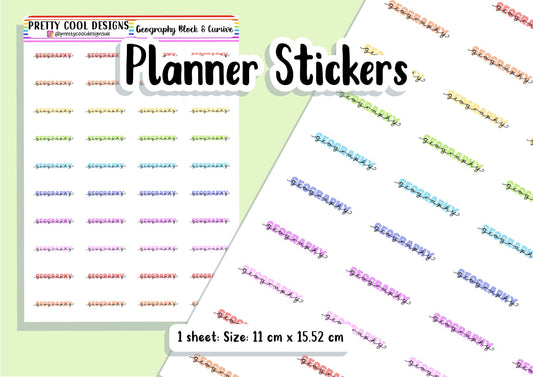 40 Geography Subject Teacher Student Planner Stickers UK - 1 Sheet - Block and Cursive