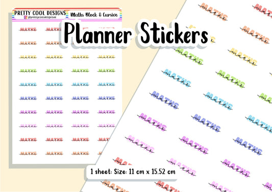 Maths Teacher Planner Stickers Subject Student Planner Stickers UK - 1 Sheet - Block and Cursive Rainbow