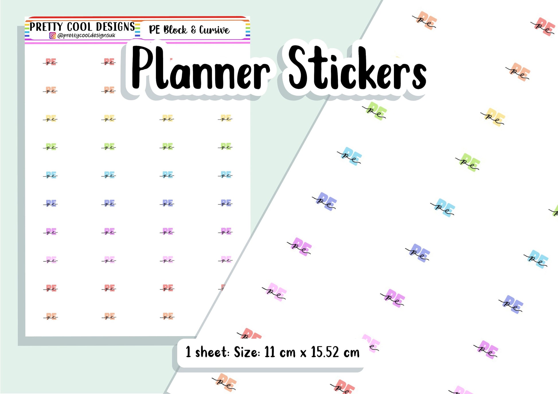 40 PE Subject Teacher Student Planner Stickers UK - 1 Sheet - Block and Cursive