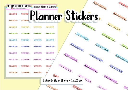 40 Spanish Subject Teacher Student Planner Stickers UK - 1 Sheet - Block and Cursive