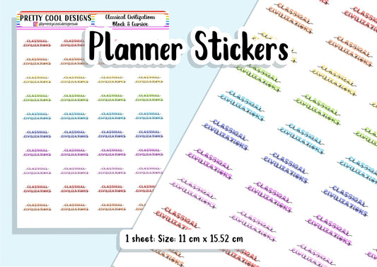 40 Classical Civilizations Subject Teacher Student Planner Stickers UK - 1 Sheet - Block and Cursive