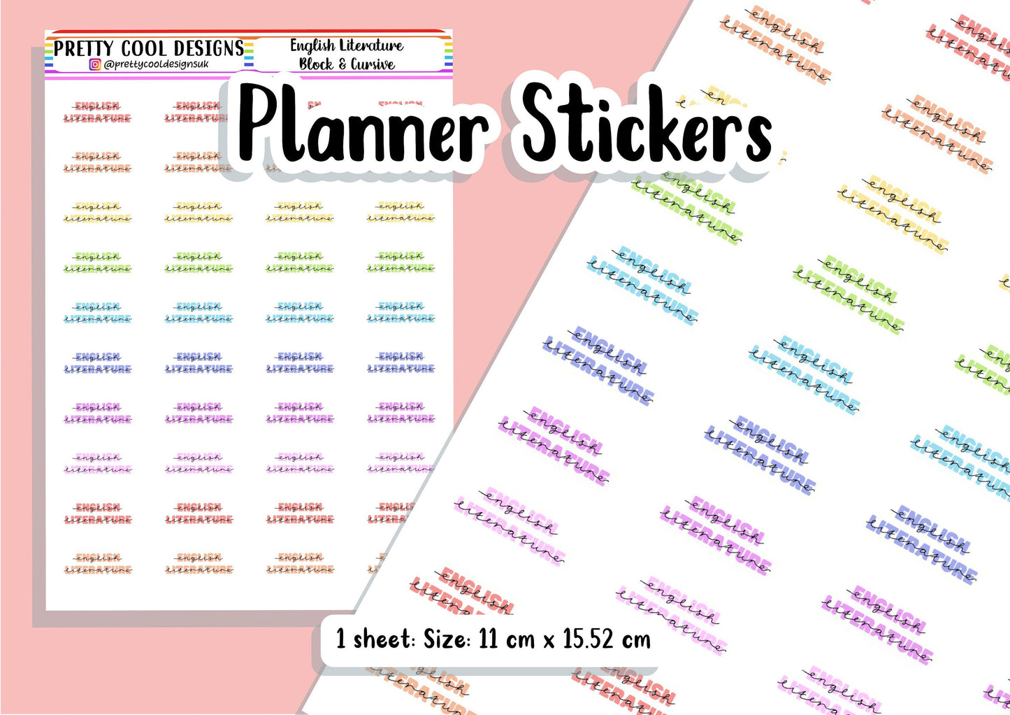 40 English Literature Subject Teacher Student Planner Stickers UK - 1 Sheet - Block and Cursive