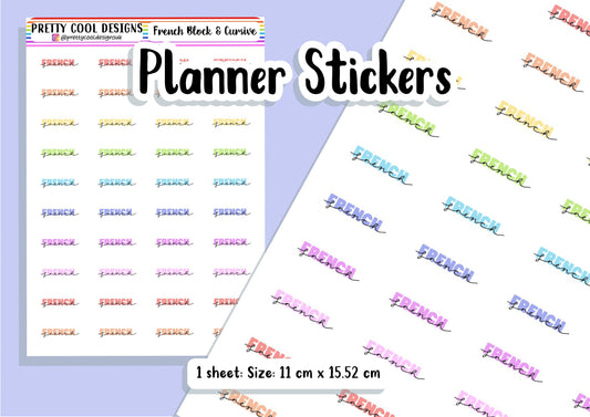 40 French Subject Teacher Student Planner Stickers UK - 1 Sheet - Block and Cursive