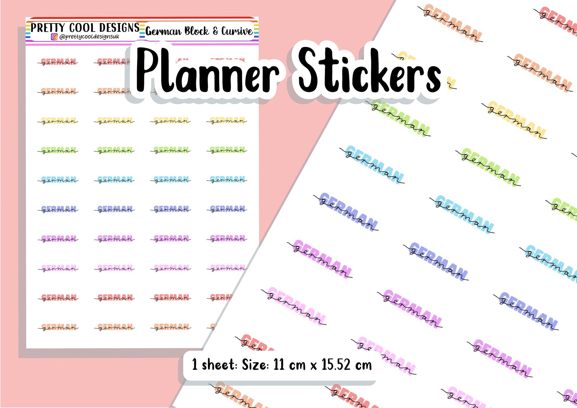 40 German Subject Teacher Student Planner Stickers UK - 1 Sheet - Block and Cursive