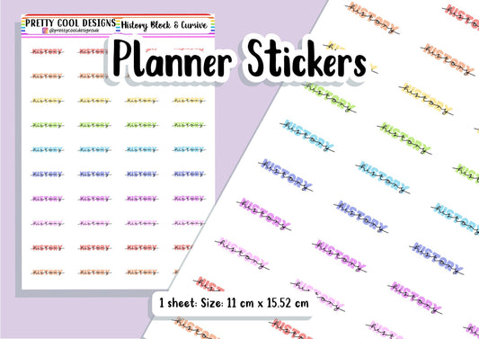 40 History Subject Teacher Student Planner Stickers UK - 1 Sheet - Block and Cursive