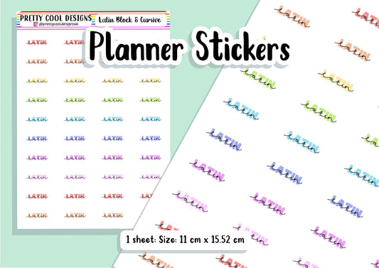 40 Latin Subject Teacher Student Planner Stickers UK - 1 Sheet - Block and Cursive