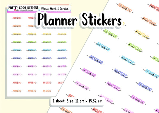 40 Music Subject Teacher Student Planner Stickers UK - 1 Sheet - Block and Cursive