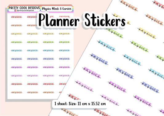 40 Physics Science Subject Teacher Student Planner Stickers UK - 1 Sheet - Block and Cursive