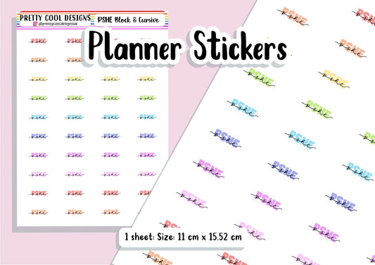 40 PSHE Subject Teacher Student Planner Stickers UK - 1 Sheet - Block and Cursive