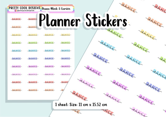 40 Dance Subject Teacher Student Planner Stickers UK - 1 Sheet - Block and Cursive