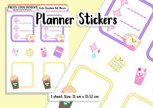 Cute Aesthetic Boxes Teacher Student Planner Stickers Coffee Tea Books Writing Bujo Diary UK - 1 Sheet