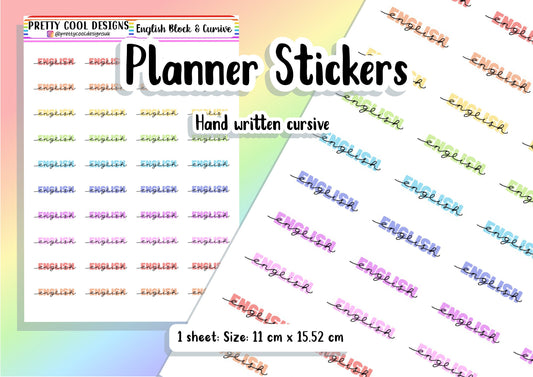 40 English Subject Teacher Student Planner Stickers UK - 1 Sheet - Block and Cursive