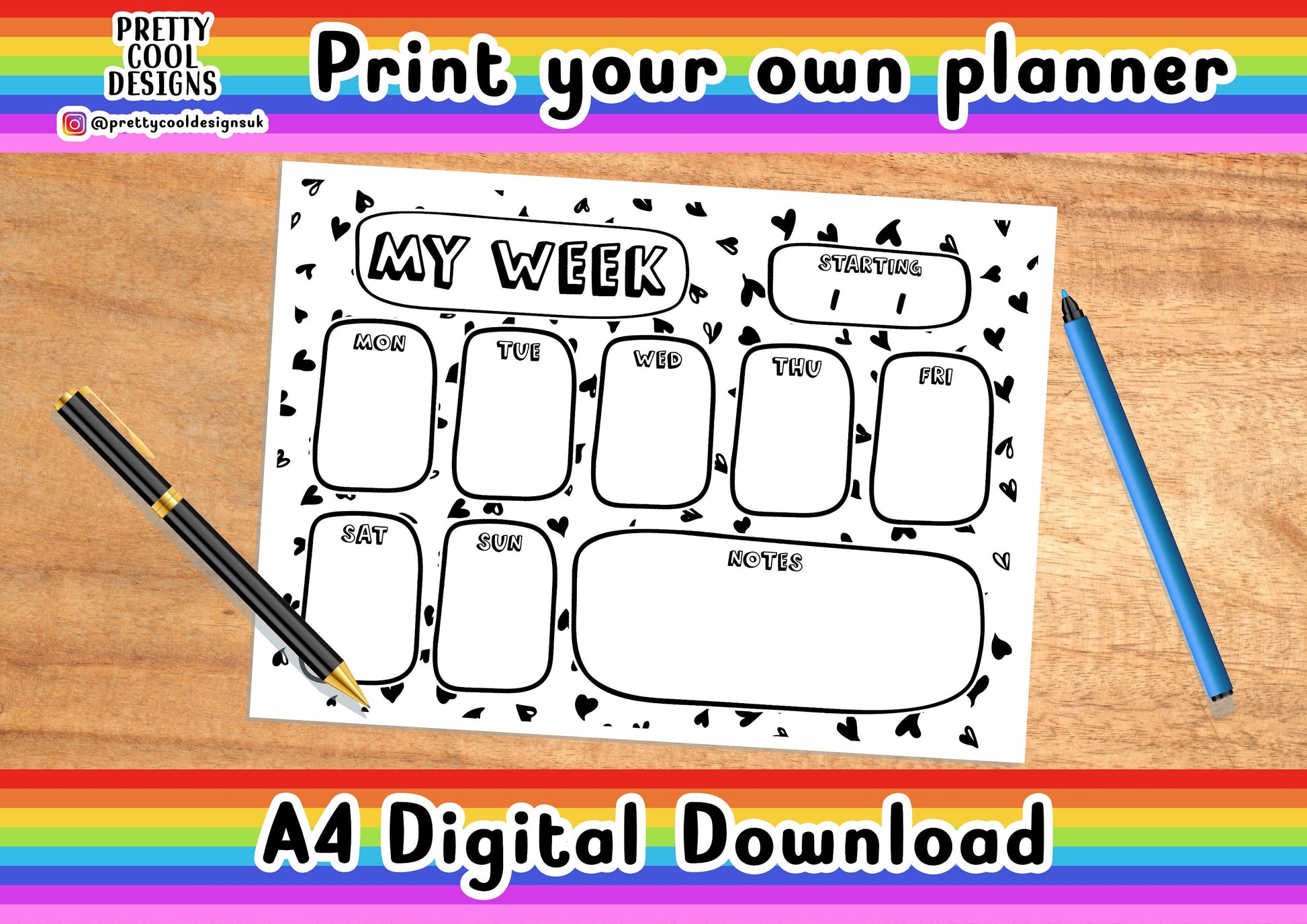 Weekly Desk Planner Printable PDF Digital Download A4 Print Your Own Planner Black and White Hearts