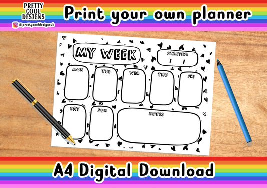 Weekly Desk Planner Printable: Black and White Hearts, A4 (Digital Download)