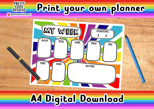 Weekly Desk Planner Printable PDF Digital Download A4 Print Your Own Planner Rainbow Swirl