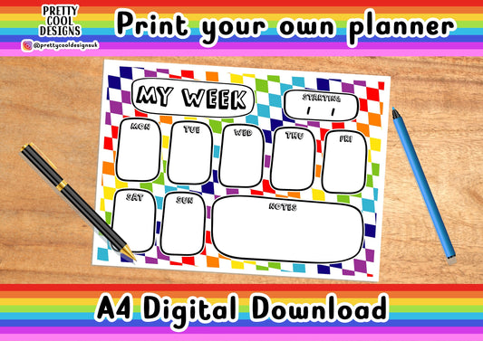 Weekly Desk Planner Printable PDF Digital Download A4 Print Your Own Planner Rainbow Diamond