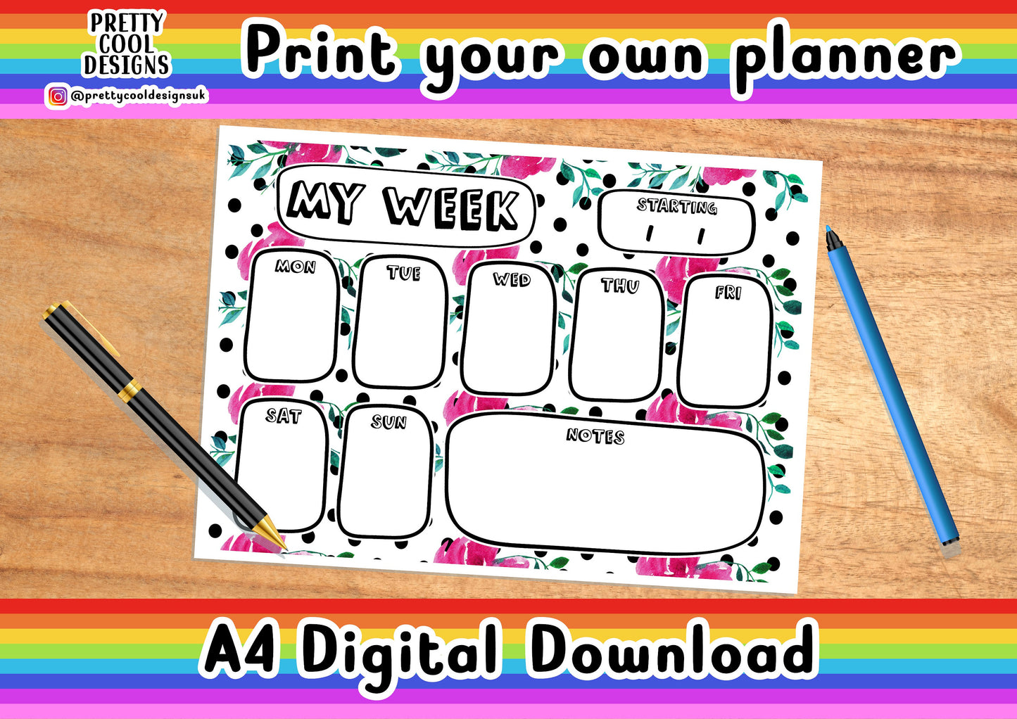 Weekly Desk Planner Printable PDF Digital Download A4 Print Your Own Planner Flower Stripes