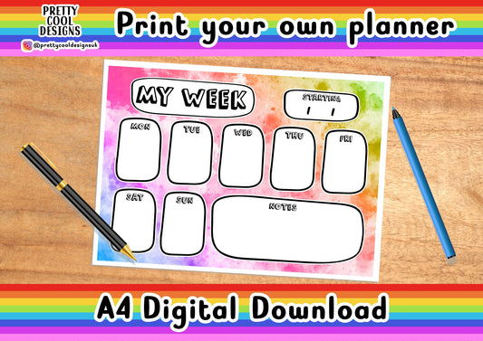 Weekly Desk Planner Printable PDF Digital Download A4 Print Your Own Planner Rainbow Watercolour