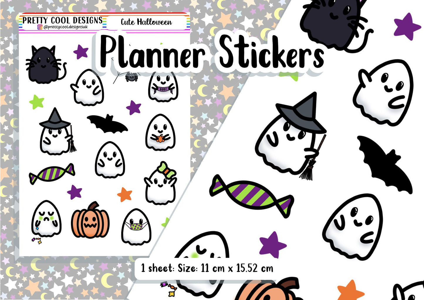 Cute Halloween Ghost Planner Stickers Coffee Tea Books Writing Bujo Diary UK - 1 Sheet