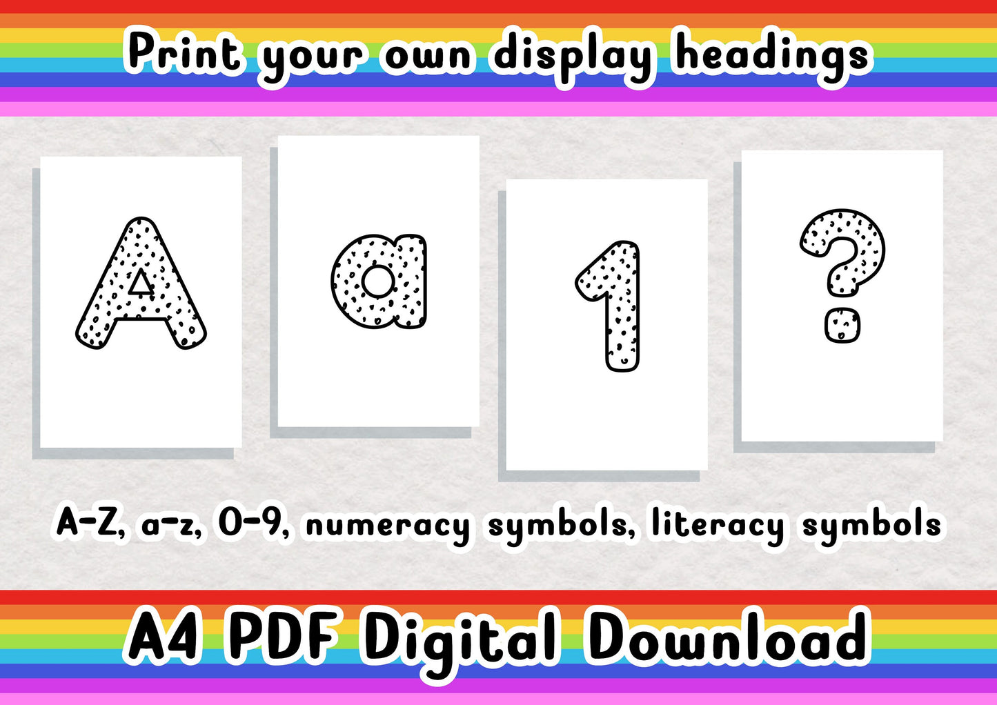 Black and White Dotty printable display bulletin letters numbers symbols grammar classroom boards print and cut