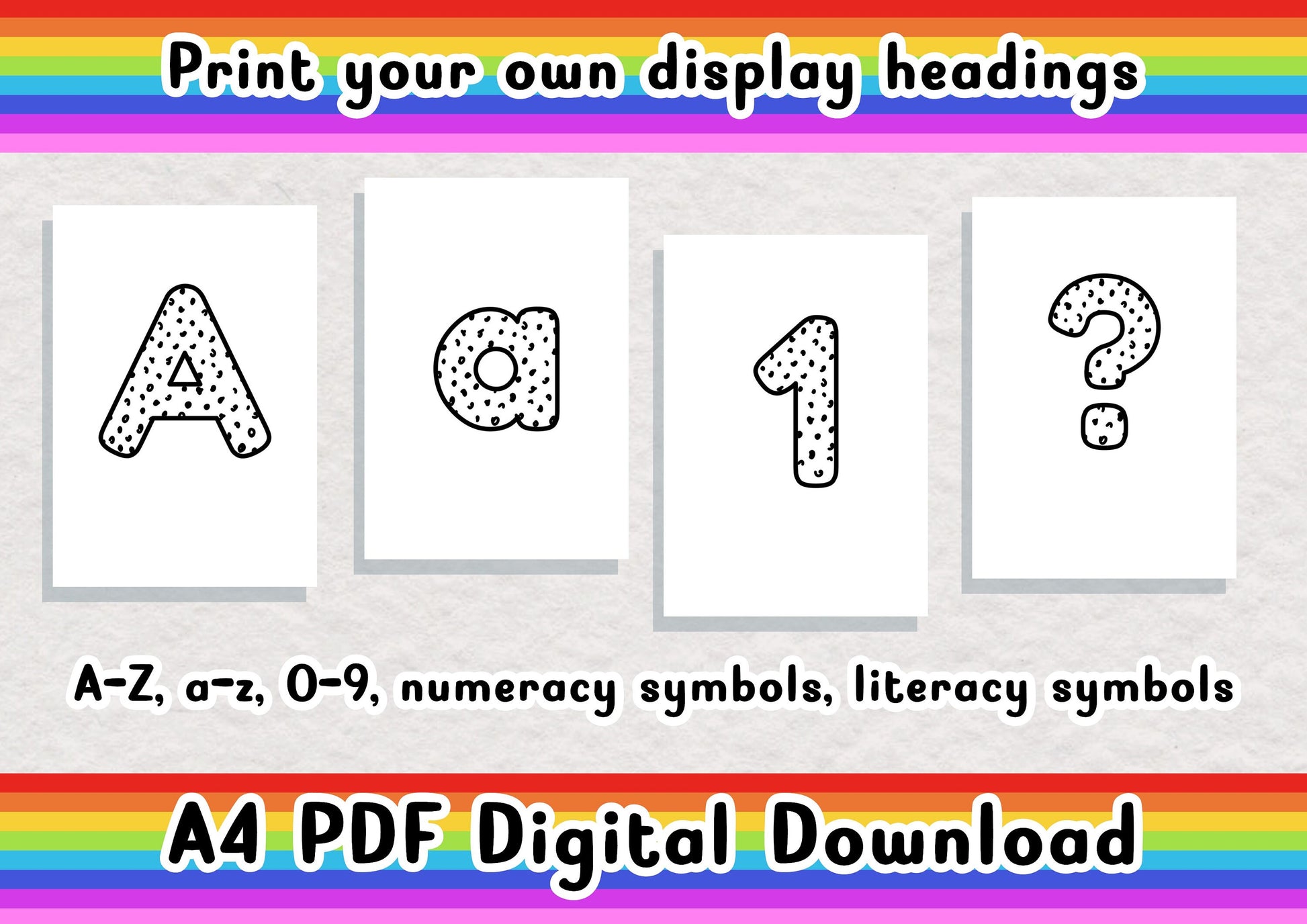 Black and White Dotty printable display bulletin letters numbers symbols grammar classroom boards print and cut