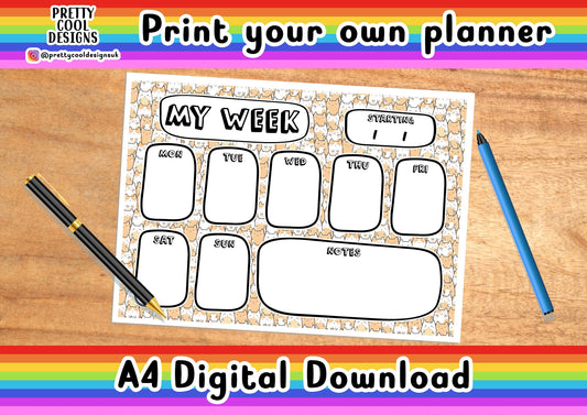 Weekly Desk Planner Printable PDF Digital Download Print Your Own Planner Cats A4