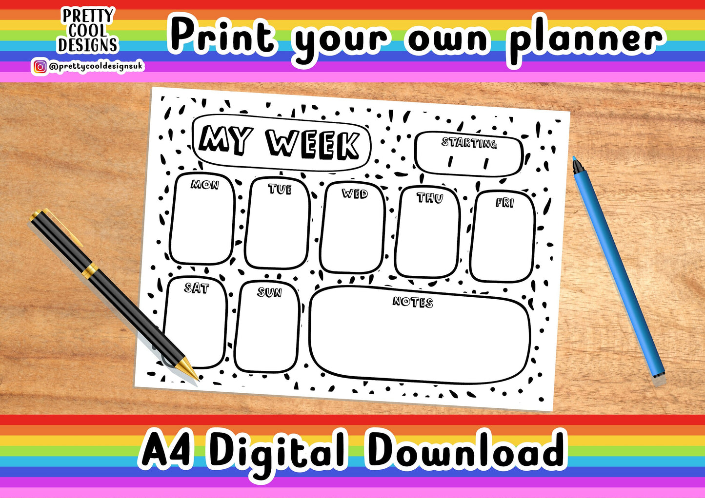 Weekly Desk Planner Printable PDF Digital Download A4 Print Your Own Planner Black and White Dots