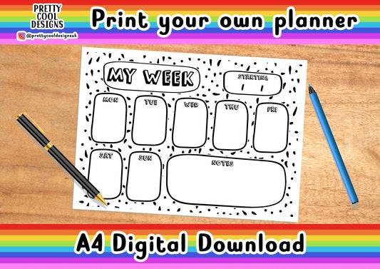 Weekly Desk Planner Printable: Black and White Dots, A4 (PDF Digital Download)