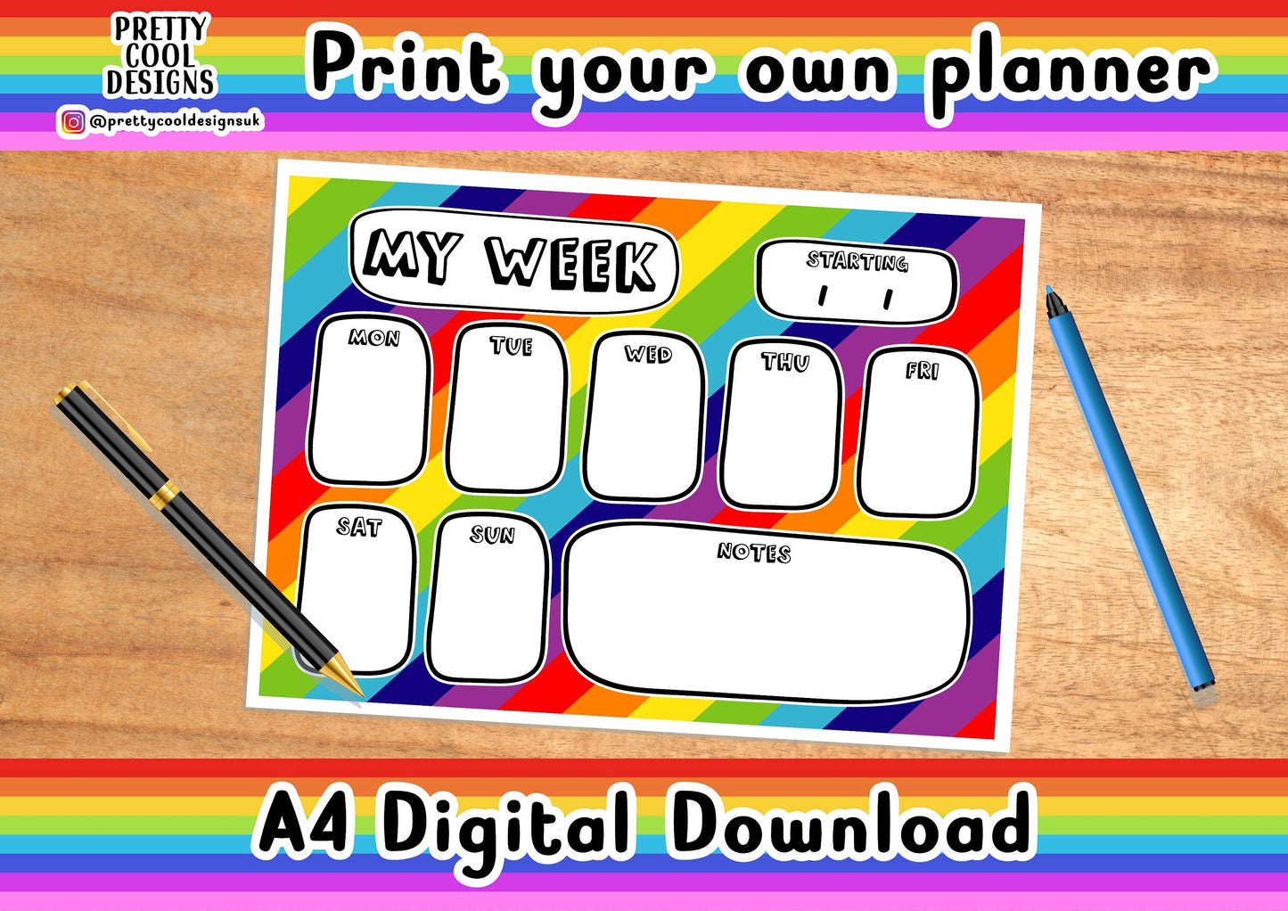 Weekly Desk Planner Printable PDF Digital Download A4 Print Your Own Planner Rainbow Stripes