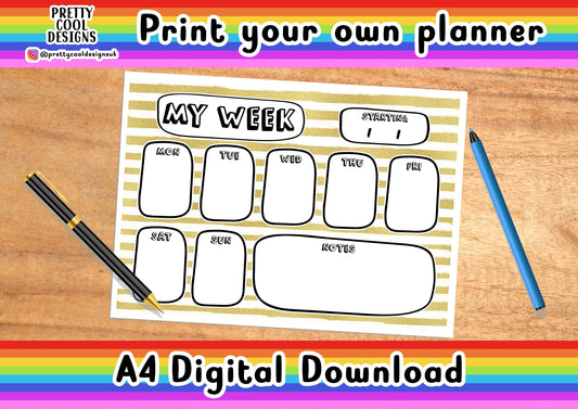 Weekly Desk Planner Printable PDF Digital Download A4 Print Your Own Planner Gold Stripes