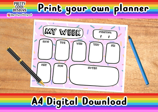 Weekly Desk Planner Printable PDF Digital Download A4 Print Your Own Planner Pink Sprinkles