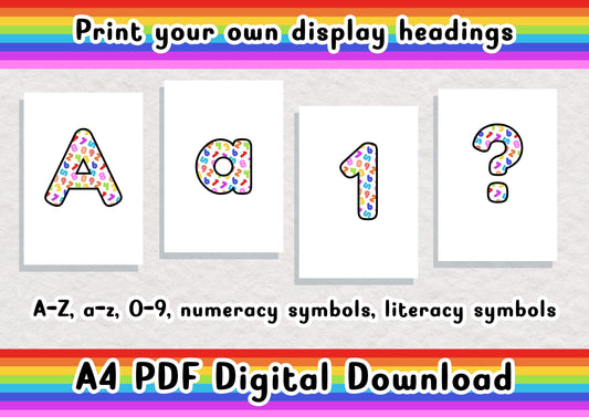 Rainbow Number Maths printable display bulletin letters numbers symbols grammar classroom boards print and cut