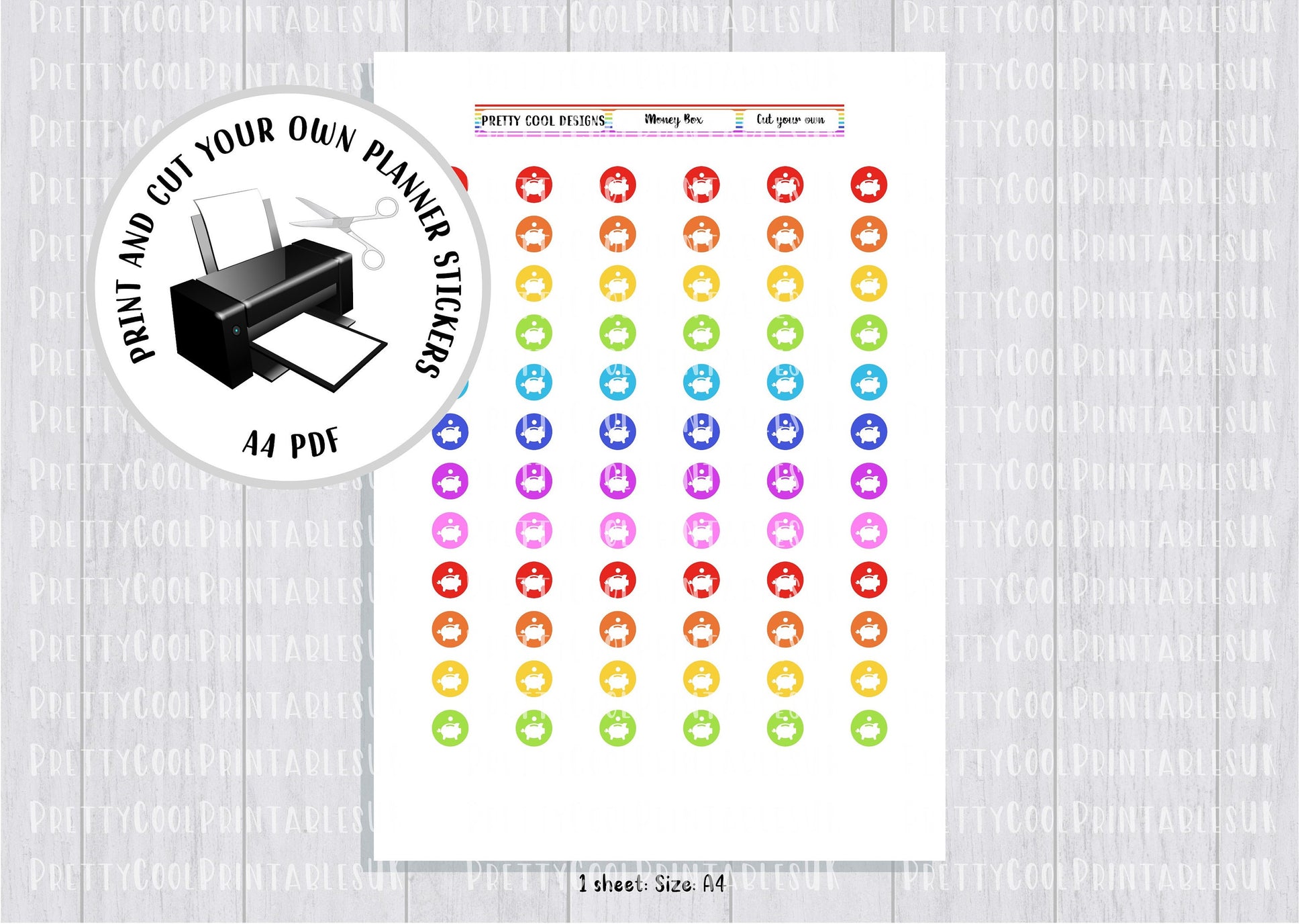 Money Piggy Bank Rainbow Printable Planner Stickers PDF Print and Cut Finances Savings