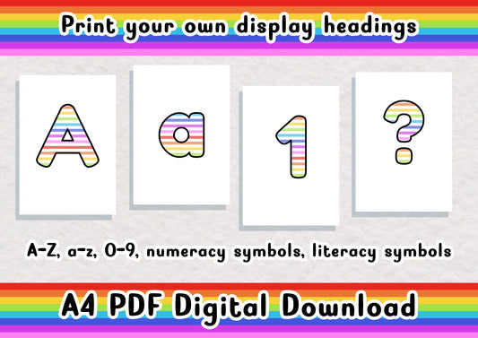 Rainbow printable display bulletin letters numbers symbols grammar classroom boards print and cut