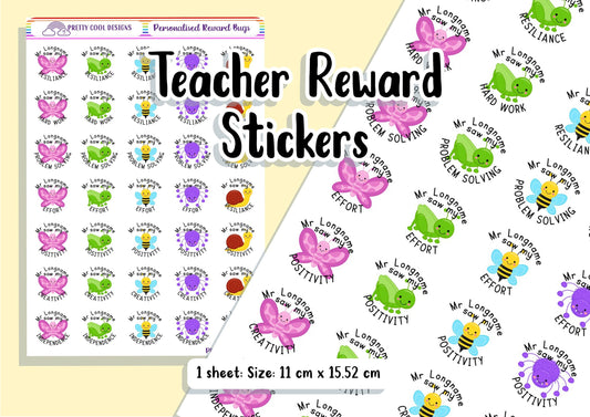 Personalized Teacher Reward Stickers: Growth Mindset Bugs