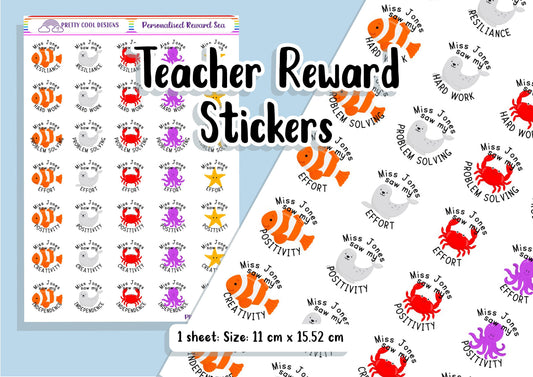 Personalized Teacher Reward Stickers: Sea Animals, Growth Mindset