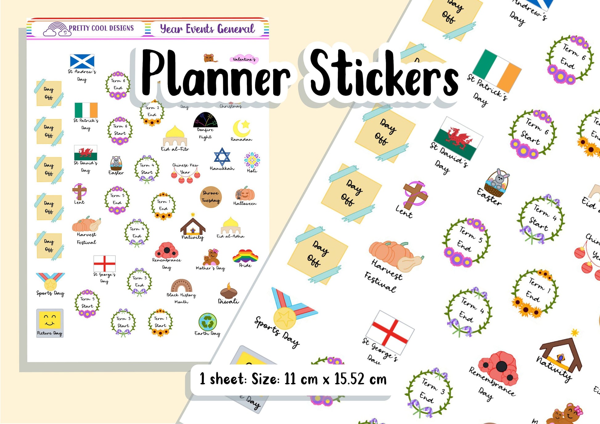 General Year Events Organiser Dates Family Personal Bujo Diary Planner with term dates Stickers UK - 1 Sheet