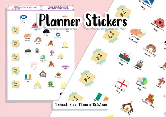 General Year Events Organiser Dates Family Personal Bujo Diary Planner Stickers UK - 1 Sheet