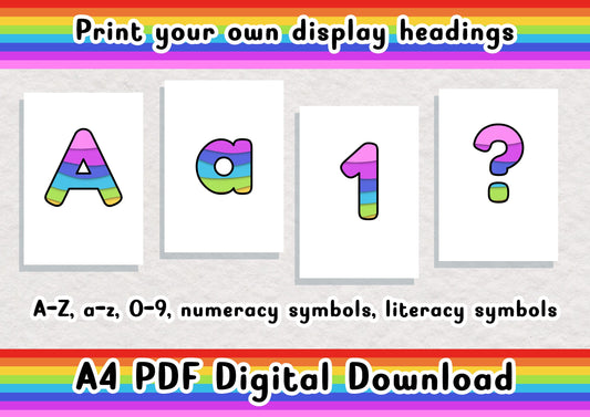 Rainbow printable display bulletin letters numbers symbols grammar classroom boards print and cut teacher download