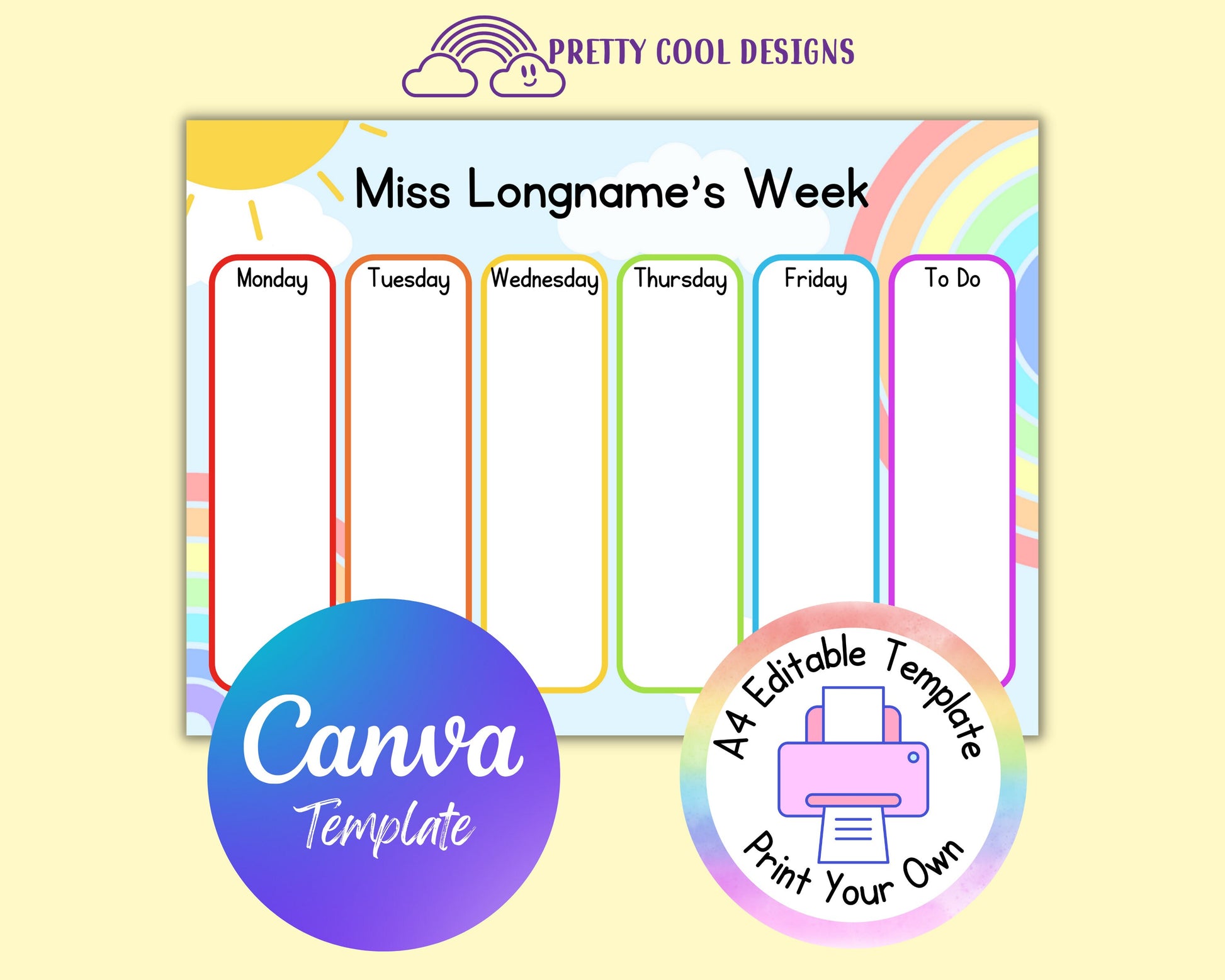 Canva Template Rainbow Weekly Planner| Editable Planner for Teachers | Printable Template Edit and Print at Home | Download and Print