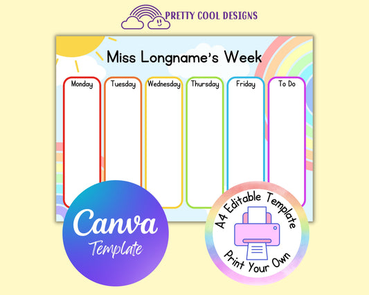 Rainbow Weekly Planner Canva Template: Editable Teacher Printable (Digital Download)