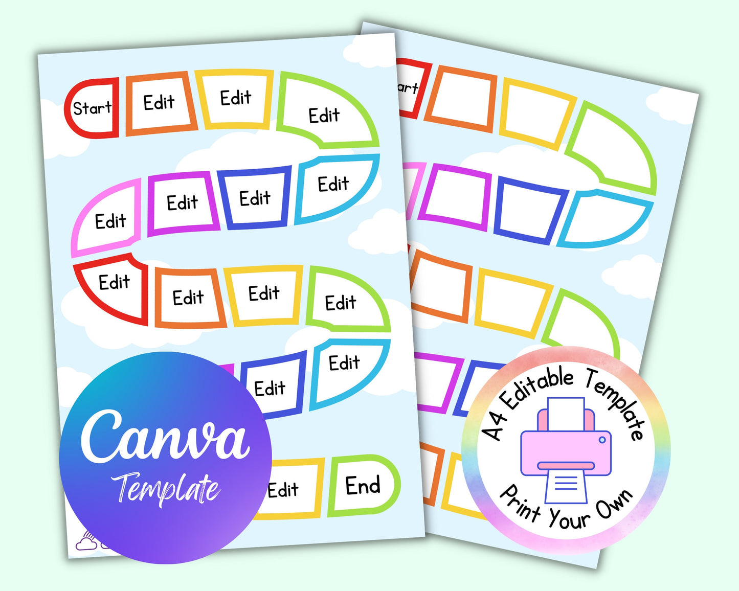 Printable Game Board Template Editable Activity Printable Canva PDF JPG Digital Download Print Your Own Rainbow