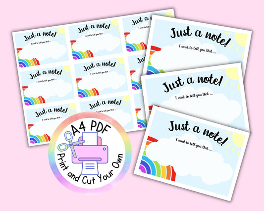 Just a Note Positive Comments School Home Parents Carers Printable PDF JPG Digital Download Print Your Own Notes Note Cards Rainbow