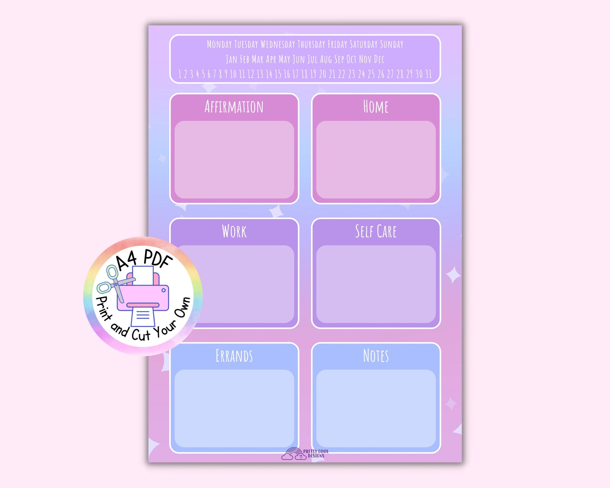 Daily Planner | Printable PDF | Digital Download | A4 Print Your Own | Planner | Pink Purple Ombre