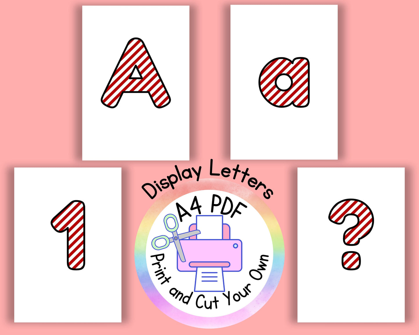 Christmas Candy Stripe printable display bulletin letters numbers symbols grammar classroom boards print and cut