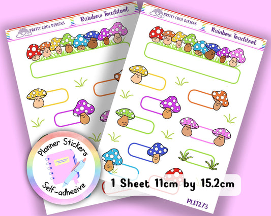Rainbow Toadstool Planner Stickers: Journal Decorations (1 Sheet)