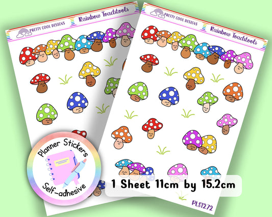 Planner Stickers | Planner Decorations | Rainbow Stickers | Rainbow Toadstools | Bullet Journal Stickers | Diary Planner Stickers - 1 Sheet